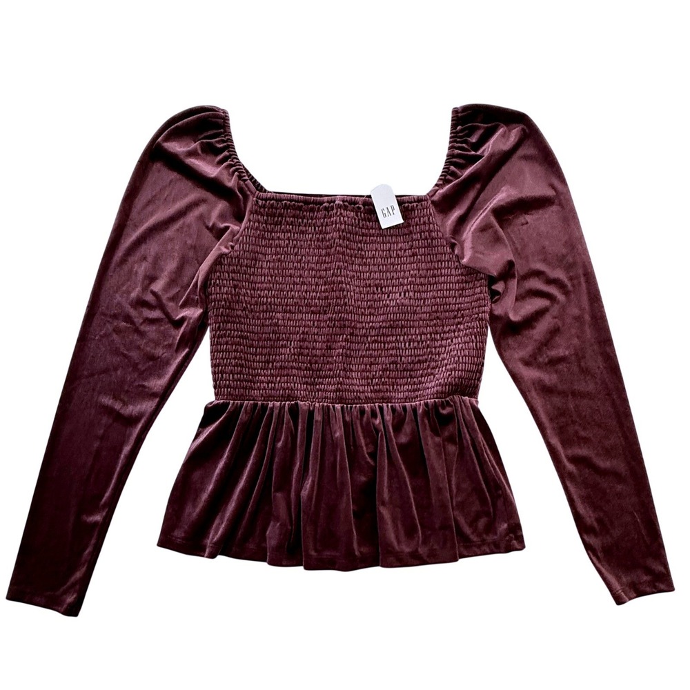 GAP Puff Sleeve Smocked Peplum Velvet Top  M Tall Dark Maroon NWT 268